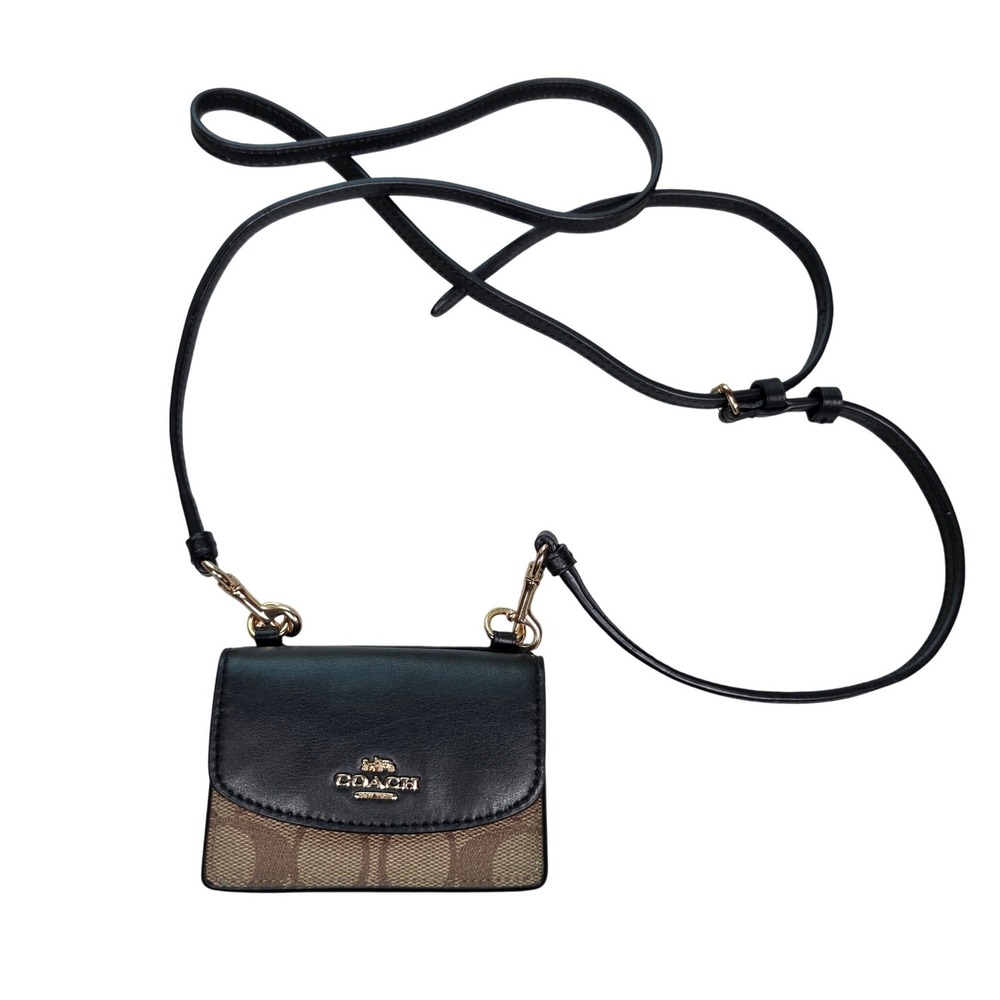 Coach Flap Card Case Black Brown Signature Canvas Crossbody ID Lanyard Travel